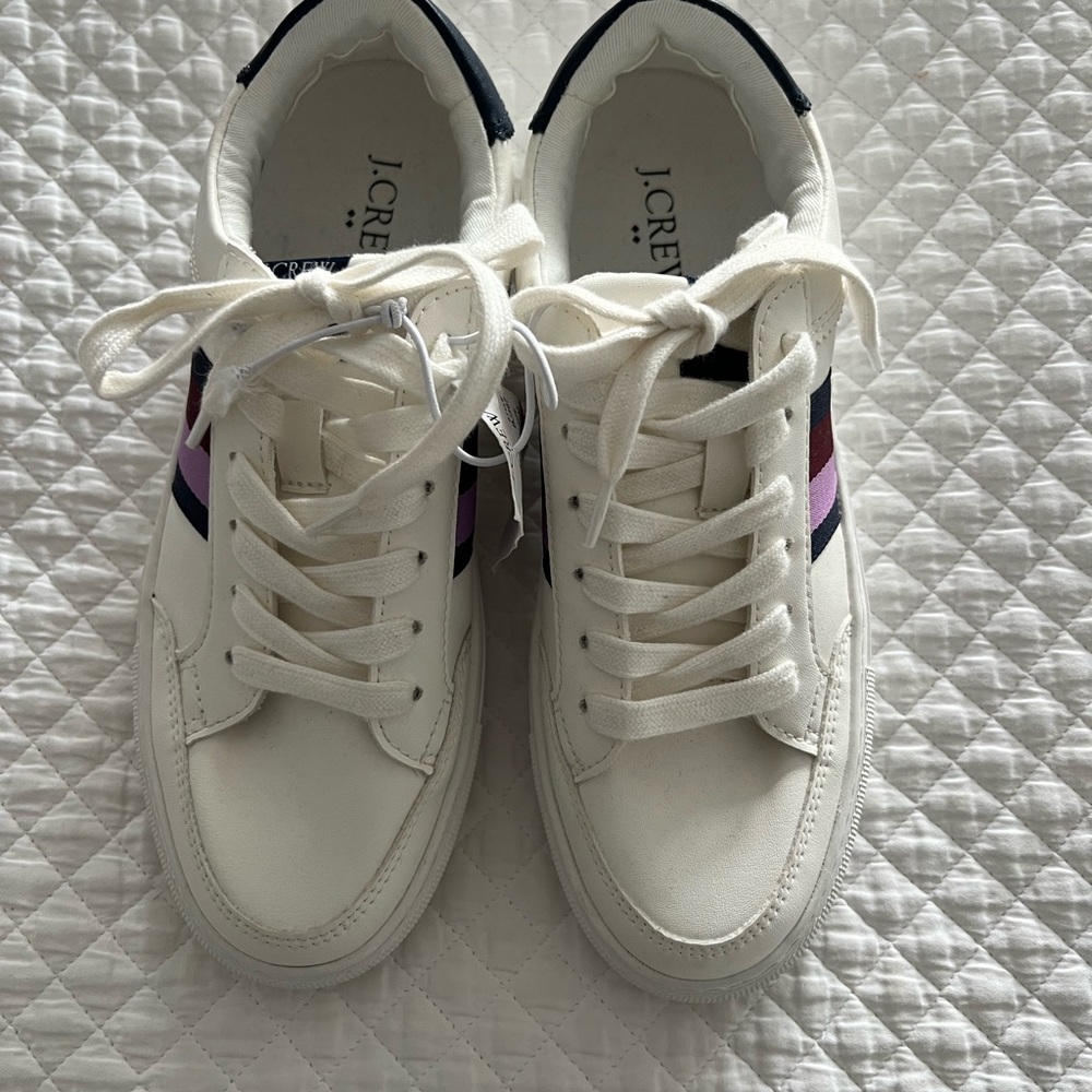 NWT’s J Crew Sporty White Sneakers with Purple and Nay Stripes. Size 6 1/2